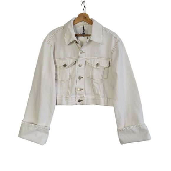 NEW ZARA White Contrast Topstitching Denim Jacket Turn-up Sleeves XS Boho Beachy - Picture 11 of 11